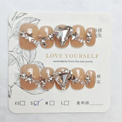 Yickyue 10pcs Handmade Press on Nails Shiny Pink Cat Eye Fake Nail Tips with Love Diamond Design Wearable Korean Short False Nails