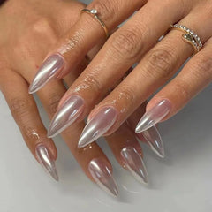 YICKYUE - 24Pcs Simple Aurora Shiny Press on Fake Nails Round Head Almond False Nails Manicure Tool Summer Finished Full Cover Nail Tips