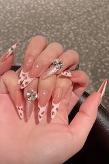 YICKYUE - Cat Eye Leopard Pattern Handmade Press on Nails Wearing Armor Chain Bow Pearl Cartoon Cat Minimalist Nail Art