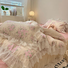 YICKYUE - Korean Style Lace Ruffles Pure Cotton Bedding Set Little Floral Duvet Cover Set Bed Skirt/Flat Sheet/Fitted Sheet Pillowcases