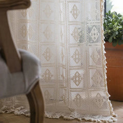YICKYUE - Boho Crochet Curtains For Bedroom Cafe Curtains,Vintage Farmhouse Lace Sheer Tassel Curtains Short Kitchen Bathroom Curtains