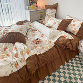 YICKYUE - Princess Style Pleated Lace Autumn and Winter Caramel Color Four-piece Bedding Set Quilt Cover Bed Sheet Bed Skirt Bed Sheet