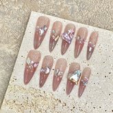 YICKYUE - 10pcs detachable gradient pink French rhinestones long almond press on nails handmade acrylic stiletto fake nails tips