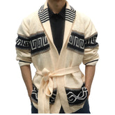 Hearujoy Autumn Winter Men Thicken Jacquard Knitted Cardigan Coat Vintage Turndown Collar With Waistband Thick Needle Sweater Streetwear