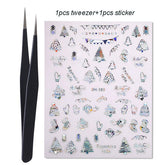 1 Set Xmas Christmas Silver 3D Nail Stickers with Tweezer Snowflakes Star Decoration Transfer Stickers for Nails Manicures Slide
