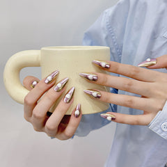 YICKYUE - 10PCS Handmade Sparkle Almond Ballerina Press On Nails with Shimmering Cat Eye and 3D Heart Design Wearable Manicure Nail Tips
