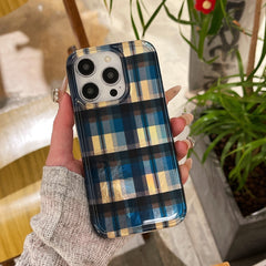 YICKYUE - Retro Blue Yellow Color Collision Grid Pattern Shockproof Protective Phone Cover Case for iPhone 16 15 14 13 12 Pro Max