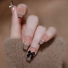 24PCS Glitter Nails Set Press On With Adhesive Strips Korean Cute Black Heart Design Fake Nails Full Coverage Nails for girls