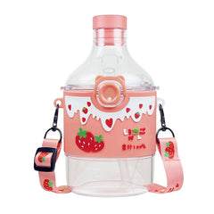 350ml Kawaii Strawberry Milk Cow Pattern Water Bottle For Children Adults BPA Free Plastic Drink Bottle Gourd With Straw Strap