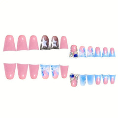 YICKYUE - Duckbill Cool Planet Star Y2k Nails Press On Nails 3D Water Drops French Tip Blue Gradient False Nails Flash Diamond Fake Nails