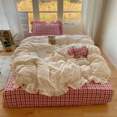 YICKYUE - Ins Lace Wrinkled Yarn Washed Cotton Four Piece Set Duvet Cover Set Bed Sheet Three Piece Set Non Pure Cotton Bedding Set