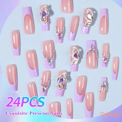 YICKYUE - 24pcs long French fake nails, metal bow fake nails, sparkling diamond design fake nail patch, white detachable full cover fake n