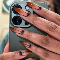 YICKYUE - Turgidly Almond Shape Fake Nail Tip French Gradient Brown Lines Detachable Full Cover Finished False Art Nail Press on Nail Glue
