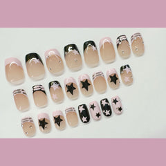 YICLYUE 24pcs Short Ballet Y2k Nails Set Small Diamonds Fake Nails Press On Nail Tips French False Nails Pink Black Star Decoration