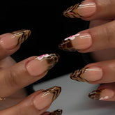 YICKYUE - 24Pcs Leopard French Press on Fake Nails with Flower Wearable Short Almond False Nail Simple Unique Acrylic Full Over Nail Tips