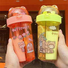 420ml Kawaii Double Water Bottle Two Straws Outdoor Portable Bottle Student Couple Plastic Cup Gift Drinking Water Bottle Kettle