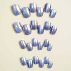 YICKYUE - Phototherapy Aurora Cat's Eye Fake Nails Press On Glitter Decor Wearing Nail Art Short Square False Nails Finished Nail Tips