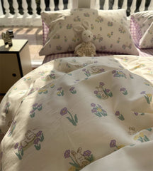 YICKYUE - Romantic rabbit floral purple plaid bedding set kid,twin full queen kawaii cotton home textile bed sheet pillow case quilt cover