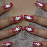 YICKYUE - 24pcs five-pointed star Fake Nail Patch French Red Ballet Coffin False Nail Full Cover Wearable Press on Nails Tips for Girls