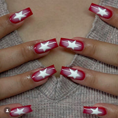 YICKYUE - 24pcs five-pointed star Fake Nail Patch French Red Ballet Coffin False Nail Full Cover Wearable Press on Nails Tips for Girls
