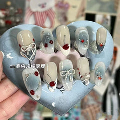 YICKYUE - 10Pcs Handmade Press on Nails French Almond Full Cover Cherries and Bow Design Fake Nails Sweet Cute Manicure Nail For Women