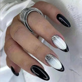 Yickyue 24Pcs Almond False Nails Black and White Glitter with French Design Wearable Fake Nails Full Cover Press on Nails Tips Manicure