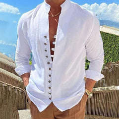 Hearujoy Vintage Mens 100% Cotton Linen Shirts Long-Sleeved Stand Collar Casual Tops Spring Summer Fashion Men Clothing Retro Shirt