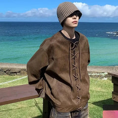 Hearujoy Vintage Heavy Weight PU Leather Jacket For Men Spring And Autumn Double Breasted Drawstring Long Sleeve Tops Outdoor Loose Coat
