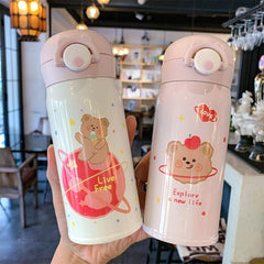 Simple and Cute Strawberry Bear Printing Cartoon Vacuum Flask Student Campus Girl Heart Elastic Cover with Lock Vacuum Flask