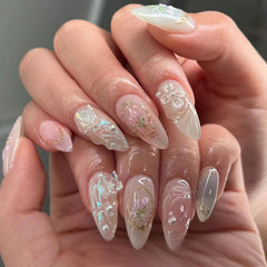 YICKYUE - 24pcs Press on Long Almond Fake Nails Pearl Aurora Butterfly Decor Full Cover 3D Water Ripple Blush False Nails Y2k Handmade