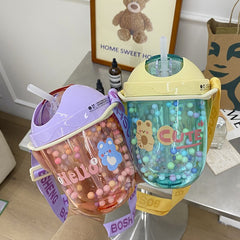 300Ml Cartoon Cute Bear Straw Plastic Water Bottle Outdoor Transparent Juice Drinking Cup Suitable For Kid Adult Children Gift