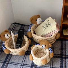 Joylove Korean Ins Wind Cute Cartoon Bear Storage Basket Desktop Office Straw Sundries Storage Basket