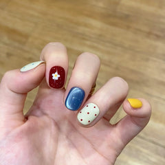 YICKYUE - 10pcs Handmade Short Press On Nails Small Flower Polka Dot Bow Cat Eye Design Sweet Cute Fake Nail Wearable Nails Art Tips Girls