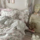 YICKYUE - French Romantic Ins Spring and Summer 60 Count Cotton Washed Cotton Four-piece Set Pure Cotton Princess Style Lace Quilt Cover Bed Sheet