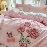 YICKYUE - Pink Rose Cartoon Bedding Set, Dinosaur, Cat, Bear, Rabbit, Towel Embroidery, Single, Double Duvet Cover, Bed Sheet, Pillowcase