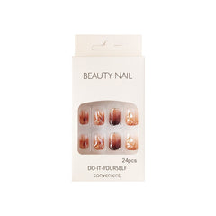 Yickyue Amber Fake Short Nails Tips Gradient Press on Nails Coffin Full Cover Ballerina Wearable Design Kiss False Nail with Glue