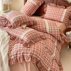 YICKYUE - Red Tartan Plaid Ruffle Bedding Set