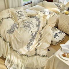 YICKYUE - Vintage Rose Flower Butterfly Lace Ruffles Princess Bedding Set 100S Egyptian Cotton Quilt/Duvet Cover Set Bed Sheet Pillowcases