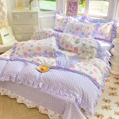 YICKYUE - Cartoon Princess Rabbit Bedding Set Kids Girls Ruffled Edge Bed Sheet Washed Cotton Duvet Covers With Rabbit Ears Decorations