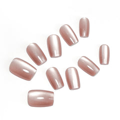 YICKYUE - Naked Pink Cat Eyes Handmade Press on Nails Wearing Armor Square Short Armor Simple Solid Color Cute Nail Art