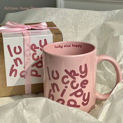 YICKYUE - Korean Creative Romantic English Pink Cream Ceramic Cup Couple Gift Breakfast Mug Coffee Cups