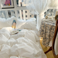 Yickyue Korean Girl Princess Style Solid Color Bedding Fitted Set Cute Cotton Ruffle Seersucker Duvet Cover With Pillow Case Bed Sheets