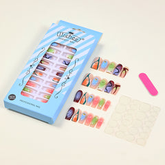 YICKYUE - 24PCS Long Ballet y2k Nail with 3D Water Stripe Decor Coffin Reusable Adhesive False Nails Wearable Colorful Fake Nails Press On