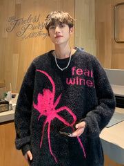 Men'S Casual Crew Neck Knit Sweater, Polyester, Loose Fit Pullover with Medium Stretch, Animal Pattern, with Spider & Letter Detail, for Fall/Winter, Daily Wear & Outdoor Activities