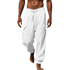 Hearujoy Multi Pocket Cotton Linen Pants For Men Lace-up Drawstring Foot Binding Long Trousers Spring Summer Sport Casual Cargo Pant