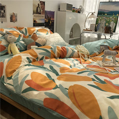 Cartoon small floral 4-piece quilt cover printed quilt cover multi-piece bedroom quilt cover bedspread pillowcase cute bed set