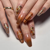 YICKYUE - 24Pcs Gradient Brown Coffin False Nails Long Ballet Fake Nail with Maple Leaf Design Glitter Wearable Press on Nail Tip Manicure