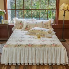 YICKYUE - French Vintage Pure Cotton Rose Print Ruffles Bedding Set Duvet Cover Set Bed Skirt Bedspread Pillowcases Queen King Size 4Pcs