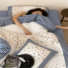 YICKYUE - Korean Washed Cotton Bedding Set - 4PC Striped Duvet Cover & Sheets | Rustic Farmhouse Style