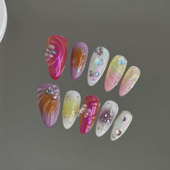 YICKYUE - 10pcs Handmade Press on Nails Sweet Cool Aurora Butterfly Star Fake Nail Tips Wearable Summer Spice Girls Almond False Nails